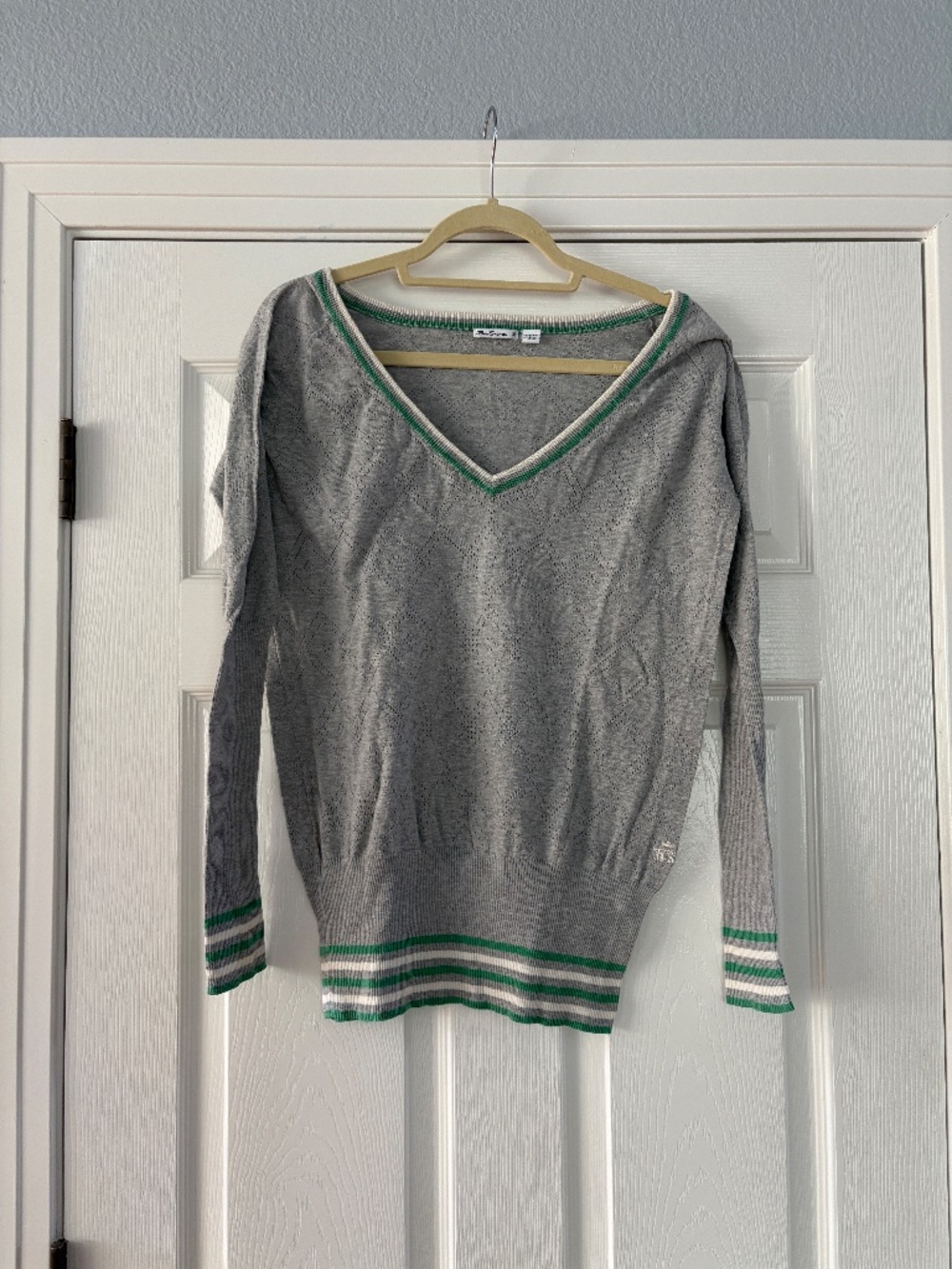 BEN SHERMAN POINTELLE COTTON PUFF SLEEVE CLASSIC V NECK SWEATER GRAY GREEN XL